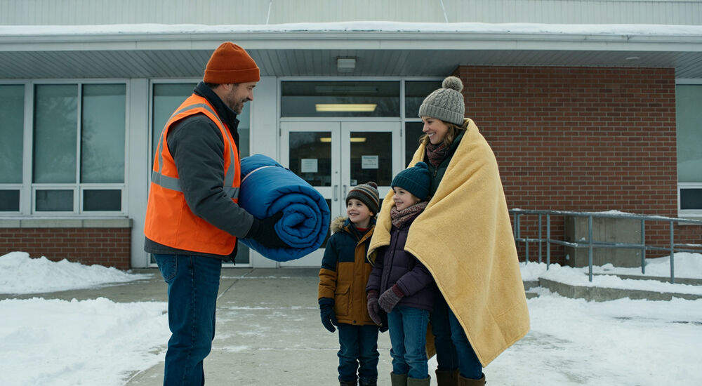 Volunteer handing a rolled blue sleeping bag to a grateful family wrapped in a thermal blanket