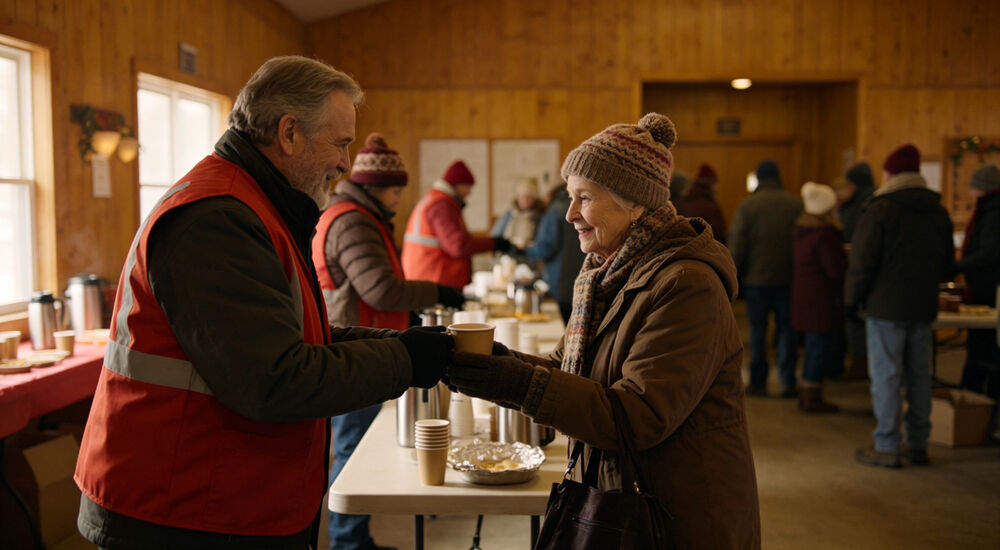 Volunteer in a warming center handing a hot drink to an elderly woman, warm cozy atmosphere