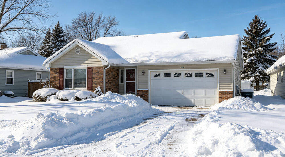 Suburban American house covered in heavy snow after a blizzard, driveway piled high with snow