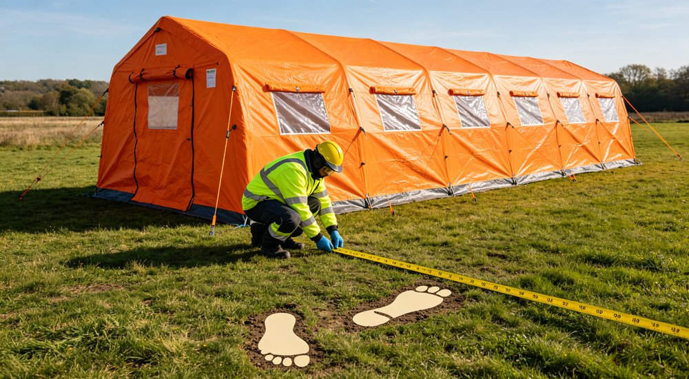 Single lane decon tent footprint showing ground space requirement, aerial view, green grass red and white inflatable emergency shelter for disaster relief operations