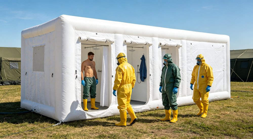 Full decontamination workflow showing entry shower exit process, workers in protective gear decontamination shower system for hazmat emergency response red and white inflatable emergency tent for disaster relief operations
