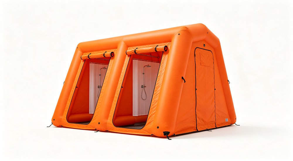 Dual lane inflatable decon tent on white background, product photography red and white inflatable emergency shelter for disaster relief operations