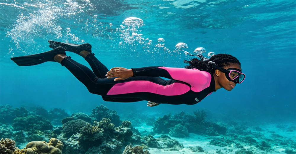 Female diver in 3mm pink and black neoprene wetsuit swimming near coral reef in tropical clear water recreational diving. designed for recreational and professional diving in various water temperatures