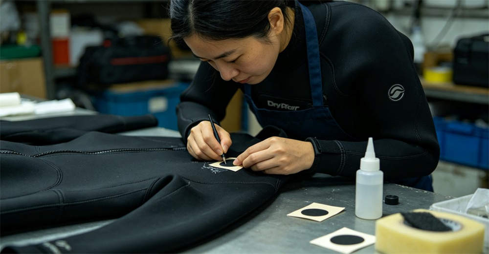 Technician applying repair patch to small puncture on black dry suit material showing DIY repair solution and maintenance tips. addressing common maintenance questions for dry suit owners and rescue teams