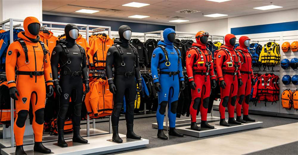 Wide showroom collection of multi-color dry suits and neoprene wetsuits arranged on racks and mannequins for wholesale buyer selection. with detailed specifications for wholesale bulk order and custom OEM supply