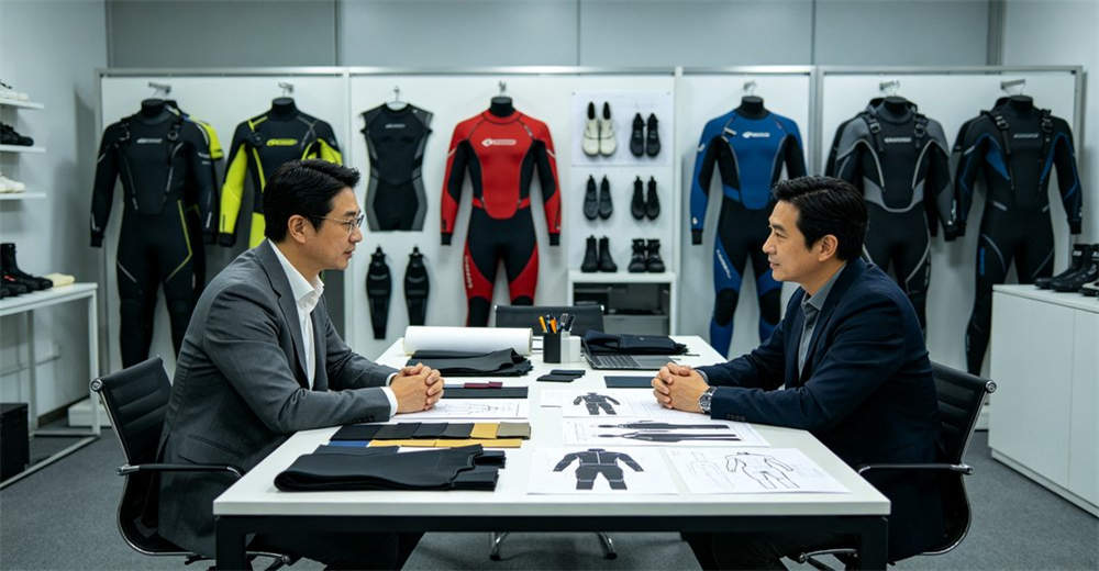 Designer and client reviewing dry suit customization options including color swatches, logo placement, and material samples at meeting table. supporting OEM and ODM requirements for brand owners and wholesale distributors