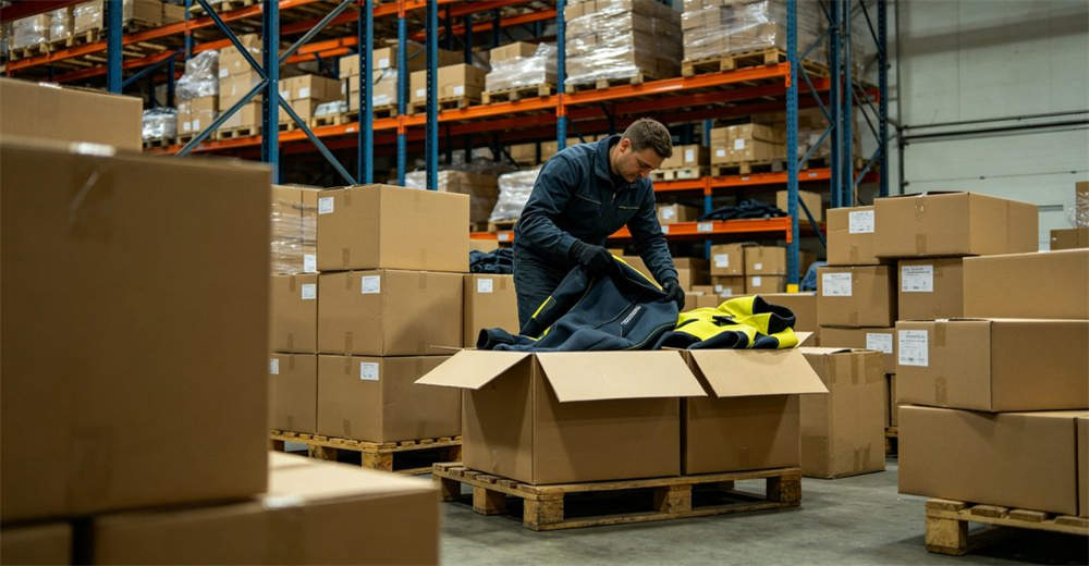 Warehouse workers packing dry suits into export cartons with labeling and palletizing for international bulk delivery and shipping. ensuring safe transport and timely delivery for international wholesale orders