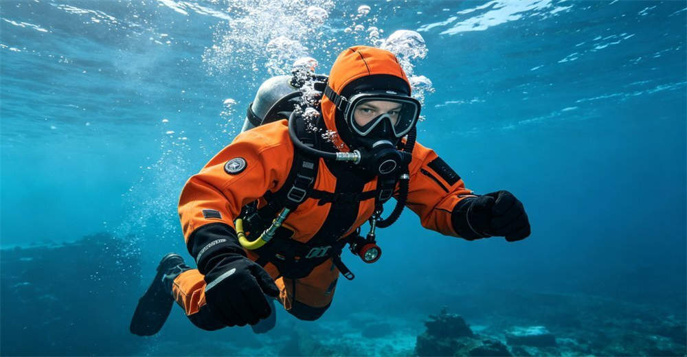 Diver in 7mm neoprene wetsuit performing underwater work in cold water demonstrating thermal protection and mobility for professional use. designed for recreational and professional diving in various water temperatures