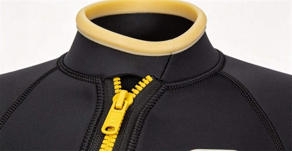 Extreme close-up of dry suit waterproof zipper seal showing rubberized track, metal slider, and bonded seam for complete waterproofing. critical waterproof components ensuring dry suit reliability in demanding conditions