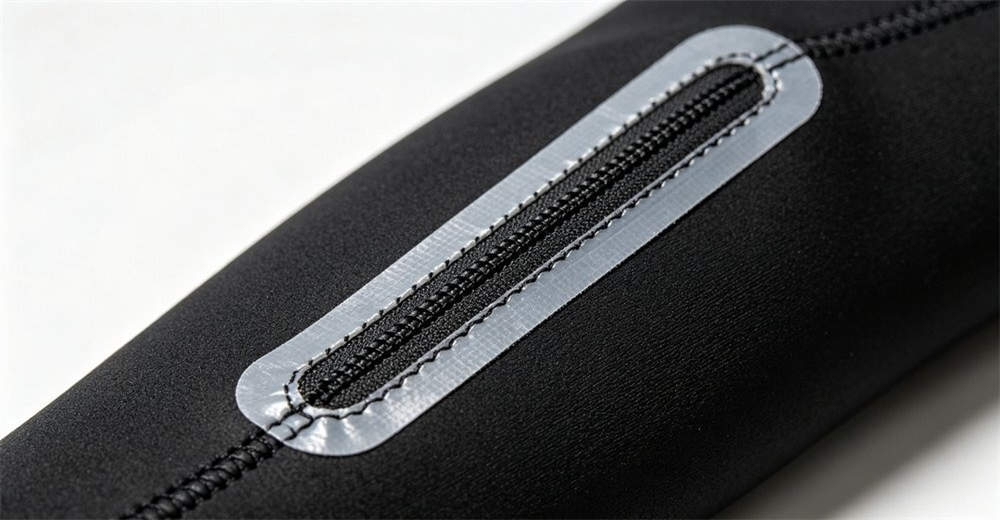 Macro detail of dry suit sealed seam construction showing waterproof tape application over stitched seam for durable water barrier. critical waterproof components ensuring dry suit reliability in demanding conditions