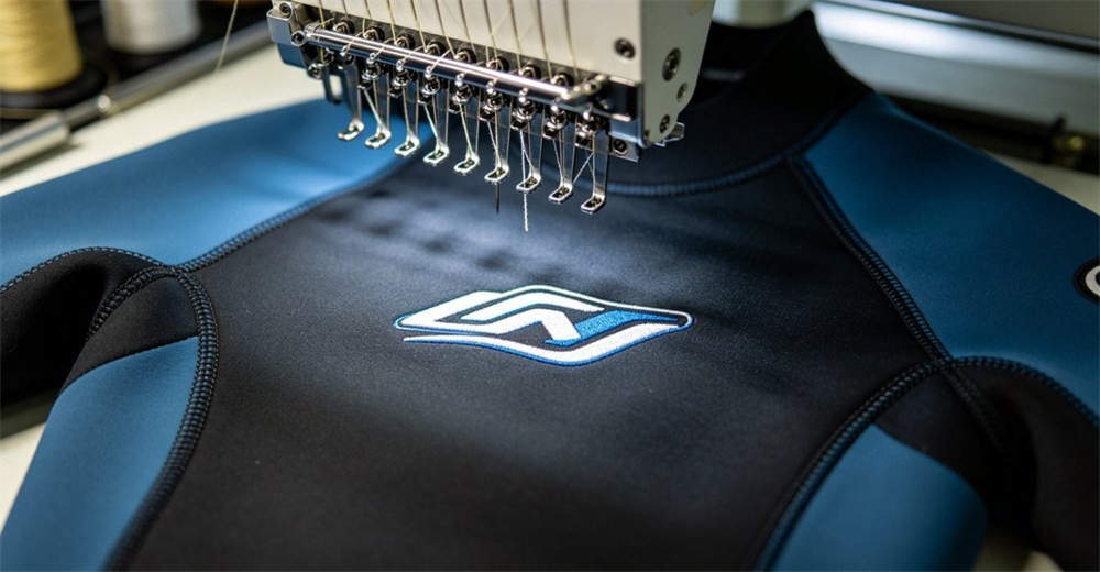 Close-up of custom logo embroidery on dry suit chest showing professional branding service for OEM and private label wholesale clients