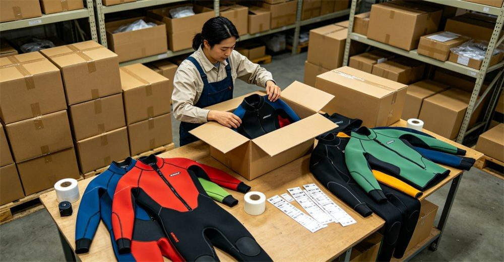 Dry suits being packed into export cartons with protective wrapping and labeling for international shipping and bulk wholesale delivery. ensuring safe transport and timely delivery for international wholesale orders