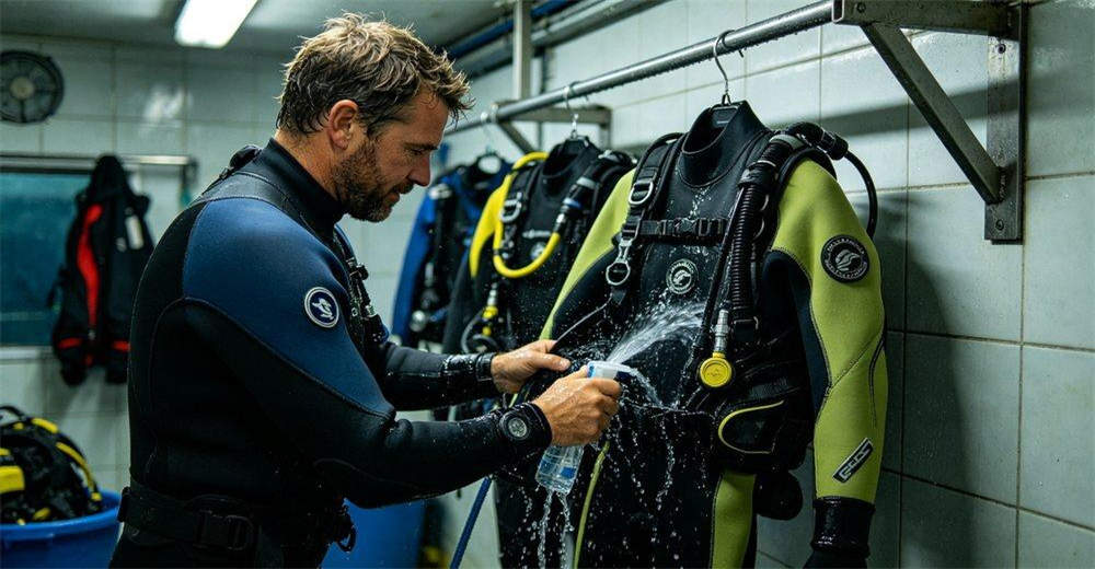 Dry suit cleaning and maintenance care guide showing rinsing with fresh water, drying procedure, and proper storage for extended lifespan