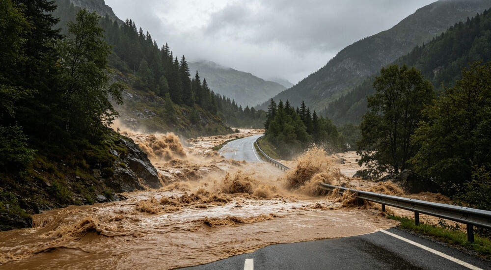 Brown flash flood water rushing over a mountain road during severe storm