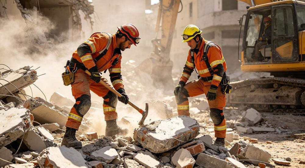 Two rescue workers on rubble site, working together with proper PPE from earthquake emergency kit, typical scene during disaster relief missions Two rescue workers on rubble site, working together with proper PPE from earthquake emergency kit, typical scene during disaster relief missions
