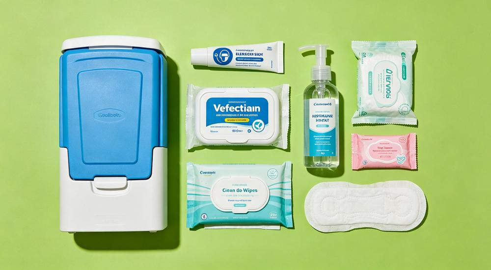 Hygiene kit flat lay with essential toiletries, often overlooked but critical component of disaster relief supplies for long term refugee camps Hygiene kit flat lay with essential toiletries, often overlooked but critical component of disaster relief supplies for long term refugee camps