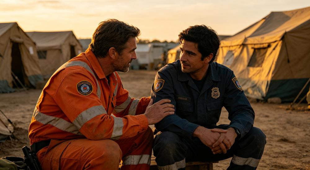 Two rescue workers peer support at relief camp, mental health is often overlooked in earthquake emergency kit planning but critical for team wellbeing Two rescue workers peer support at relief camp, mental health is often overlooked in earthquake emergency kit planning but critical for team wellbeing
