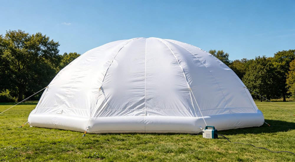 Inflation process of air beam tent, worker using pump, green grass red and white inflatable emergency shelter for disaster relief operations
