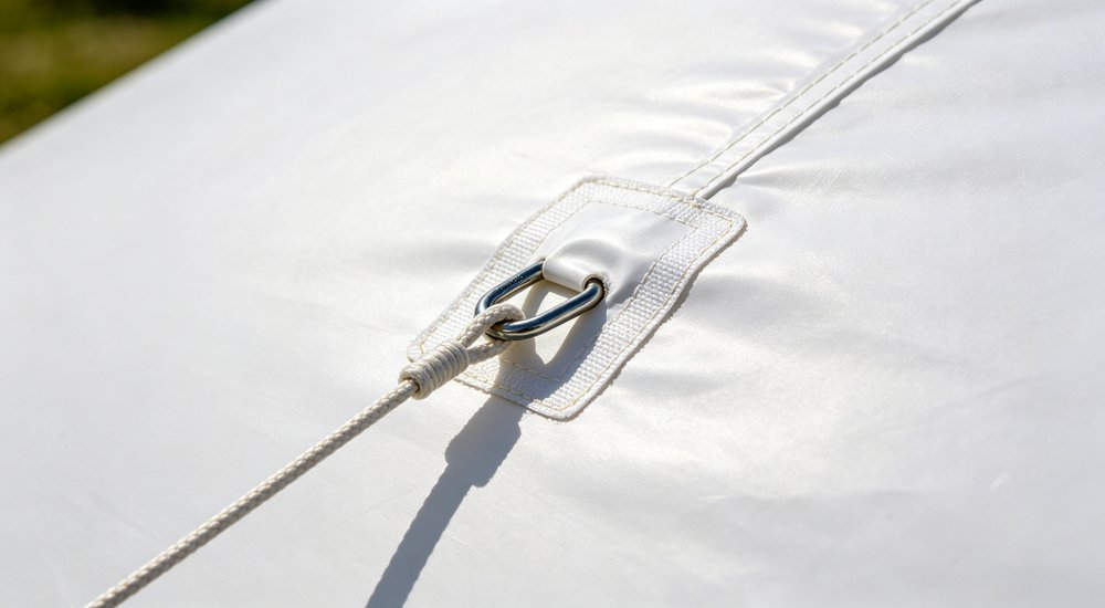 Guy line attachment point on air beam tent, close-up detail, product shot red and white inflatable emergency shelter for disaster relief operations