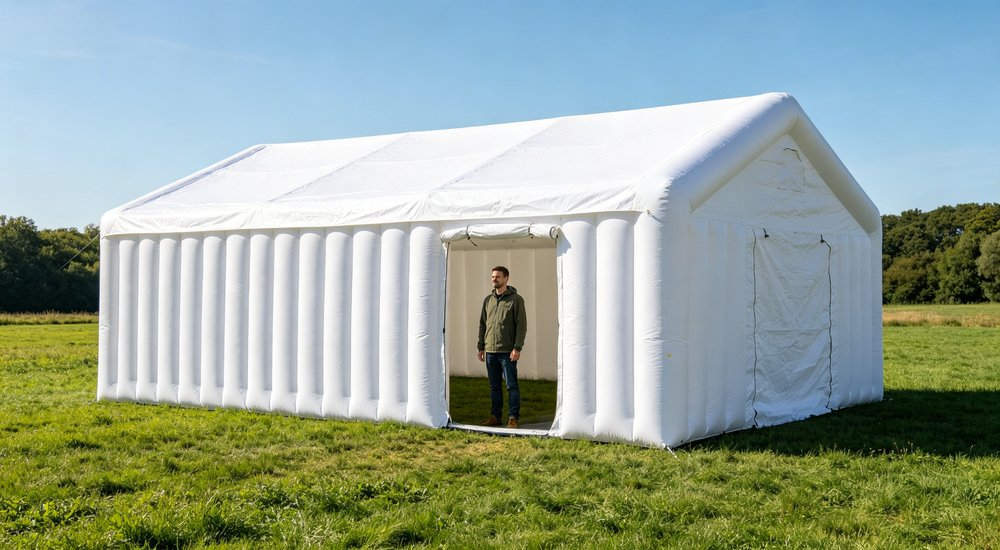 72 hour air retention test of inflatable tent, time lapse concept, product shot red and white inflatable emergency shelter for disaster relief operations