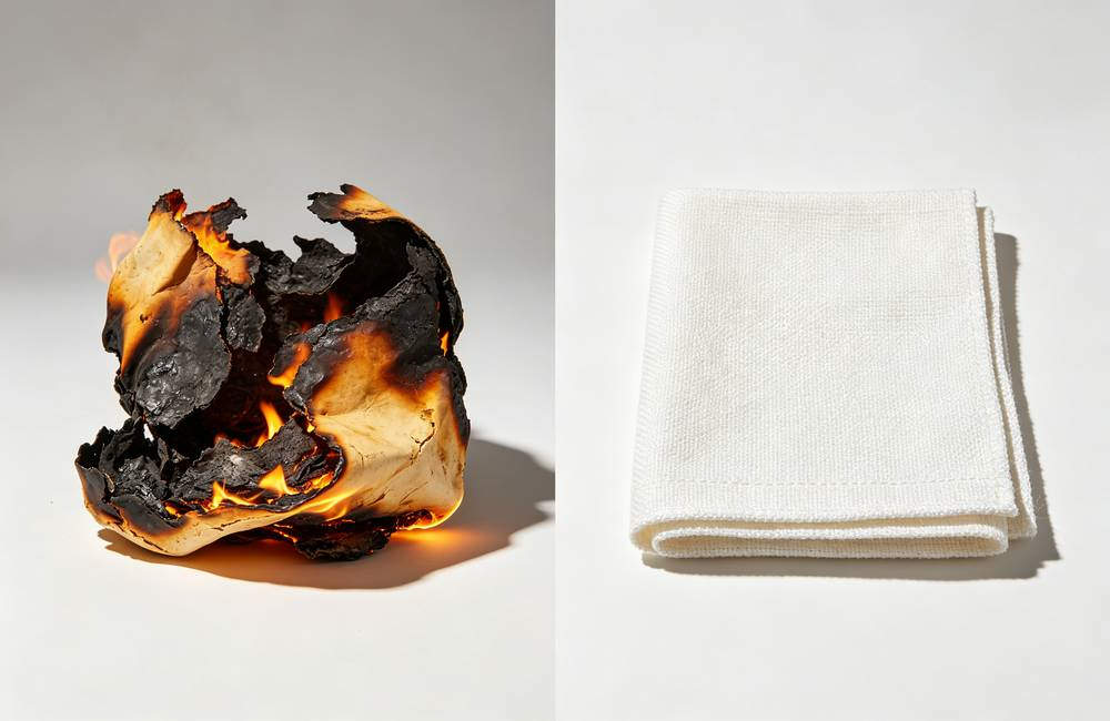 Burnt melted cheap fire blanket next to intact certified blanket showing quality comparison for bulk procurement decision today