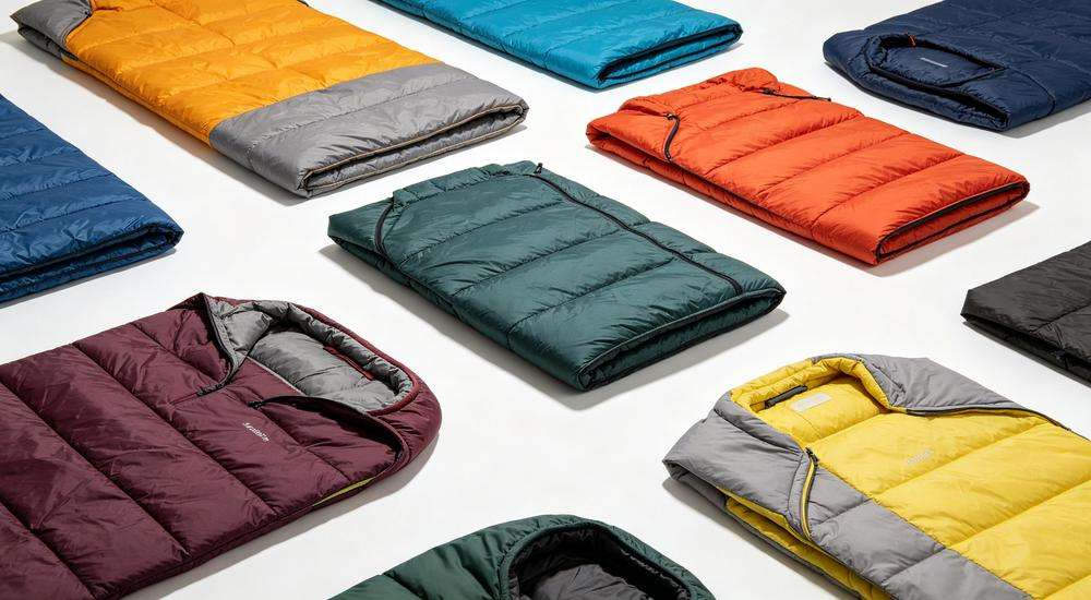 Wide angle view of multiple institutional sleeping bags in different colors arranged neatly on white background, product showcase, studio lighting, professional e-commerce photography