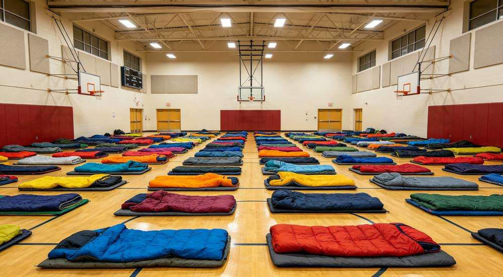 Wide angle view of emergency shelter gymnasium with neat rows of colorful sleeping bags on floor, indoor disaster relief accommodation, bright lighting, clean organized environment