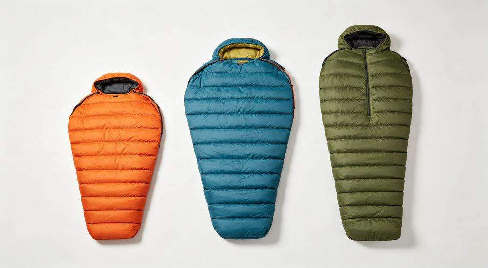 Top view of different sleeping bag sizes laid out, single and double dimensions comparison on white background, product measurement display