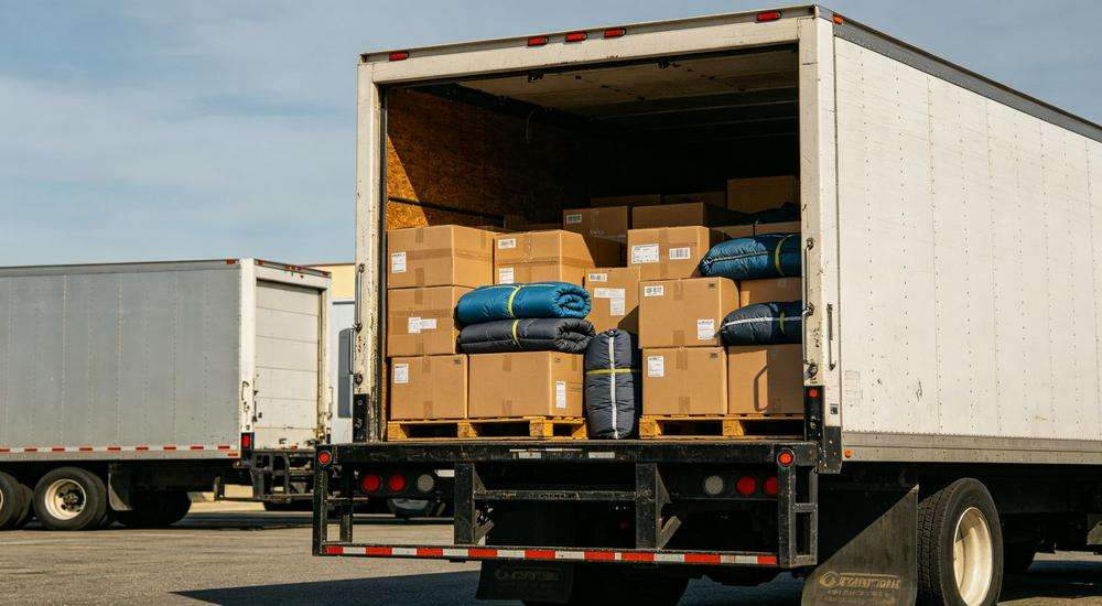 Wide angle view of delivery truck loaded with sleeping bag cartons, logistics and shipping, industrial distribution, freight transport
