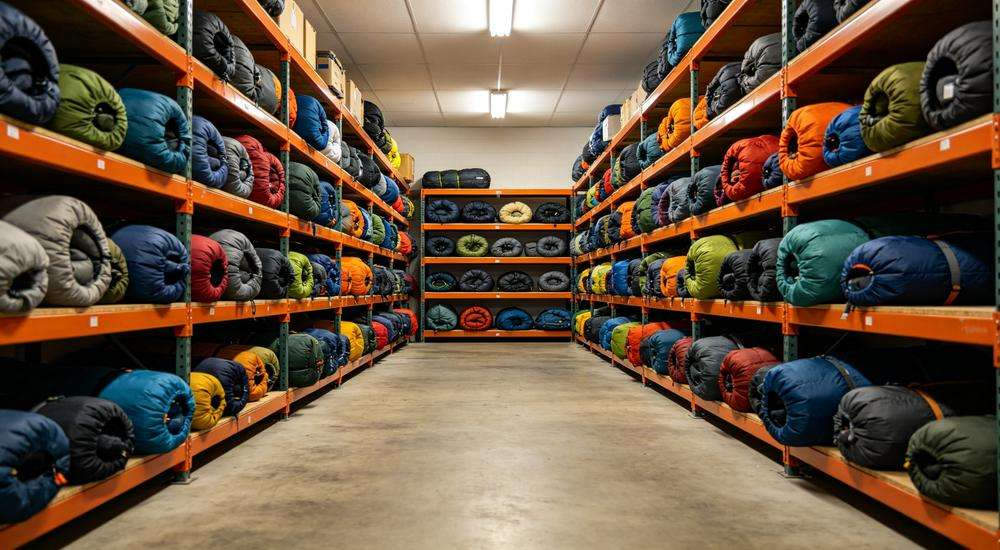Wide angle view of organized storage room with sleeping bags stacked on shelves, inventory management, clean warehouse