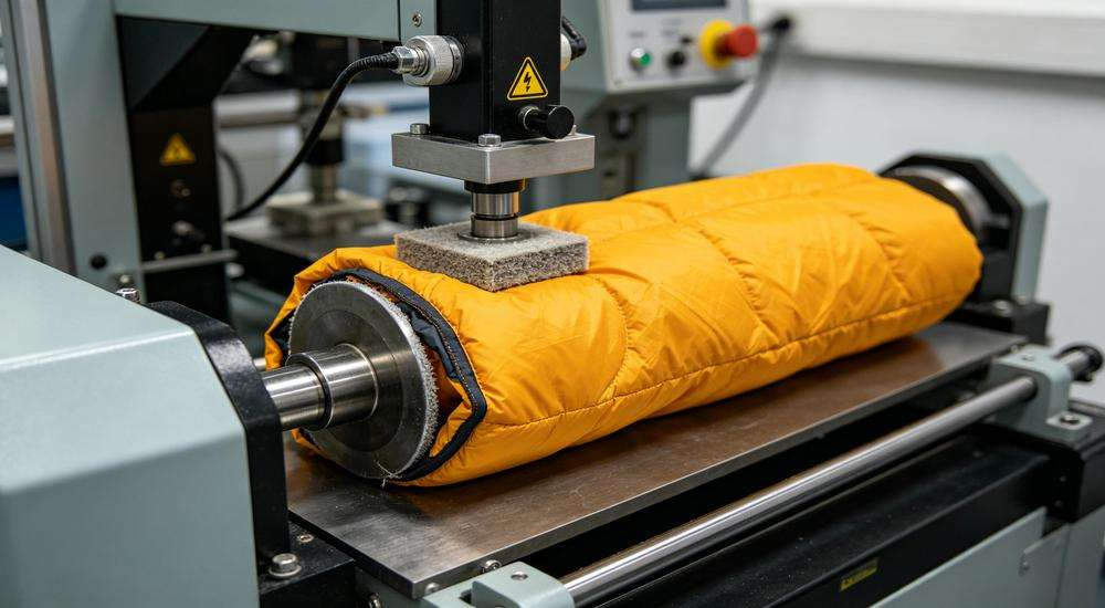 Close up of sleeping bag durability test, fabric abrasion testing equipment, quality control laboratory, professional testing