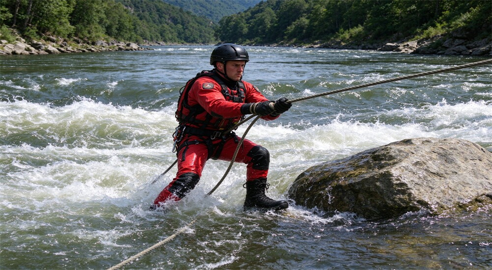 Rescue team crossing shallow river in single file wearing swift water rescue boots