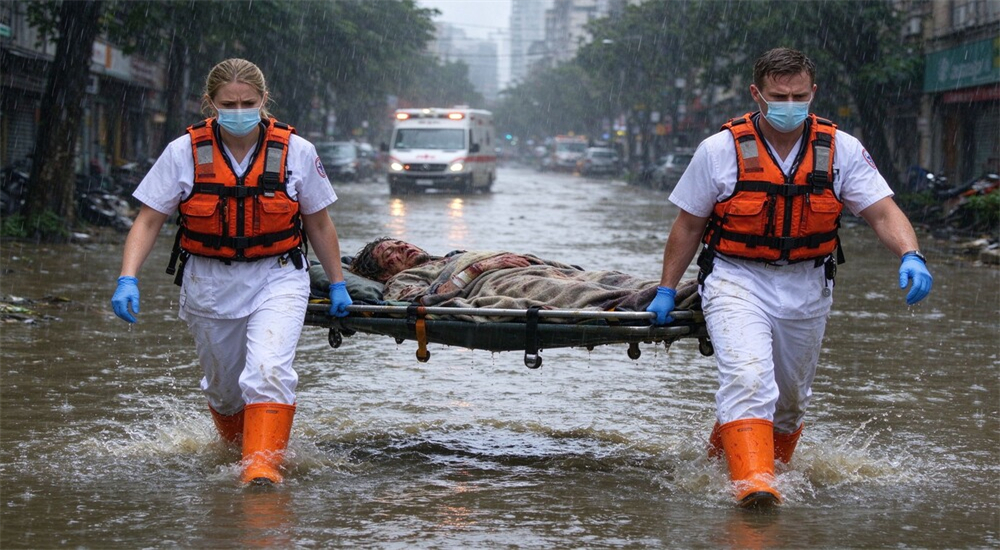 Medical workers moving stretcher through flood water wearing flood response boots on duty