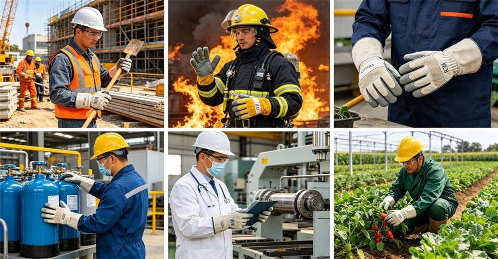 Safety gloves six industries collage application scenes overview safety gloves wholesale bulk supplier China