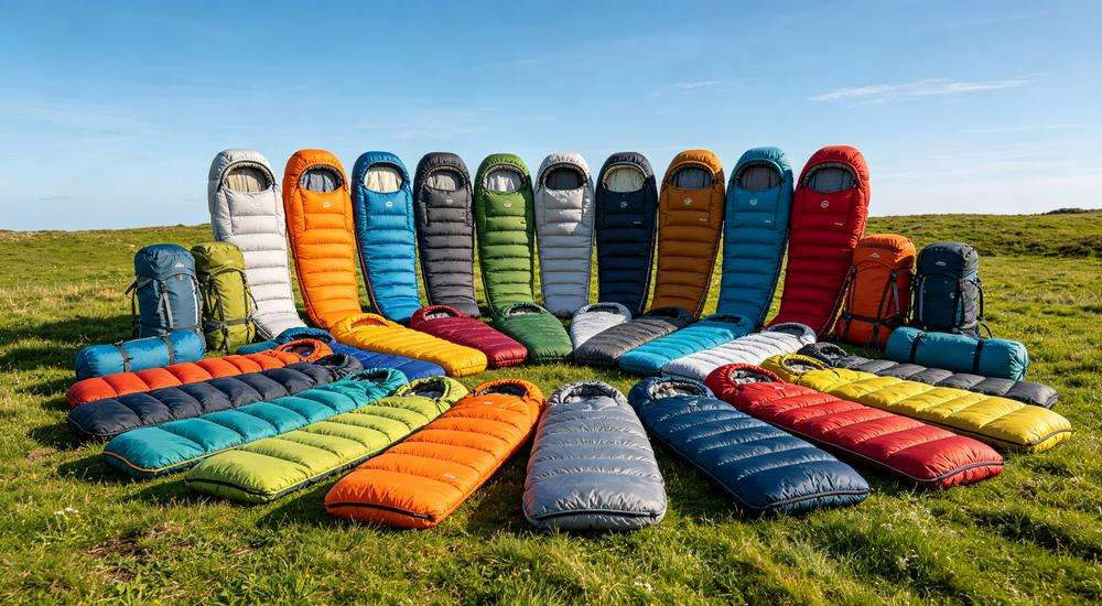 Wide angle view of colorful collection bulk sleeping bags various colors green grass blue sky