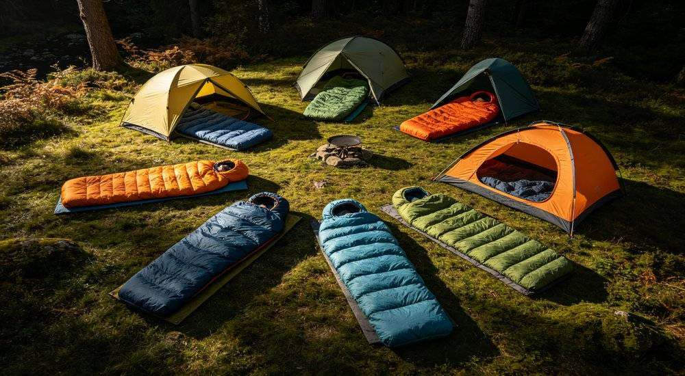 Wide angle view of multi location sleeping bag deployment different shelter types various settings