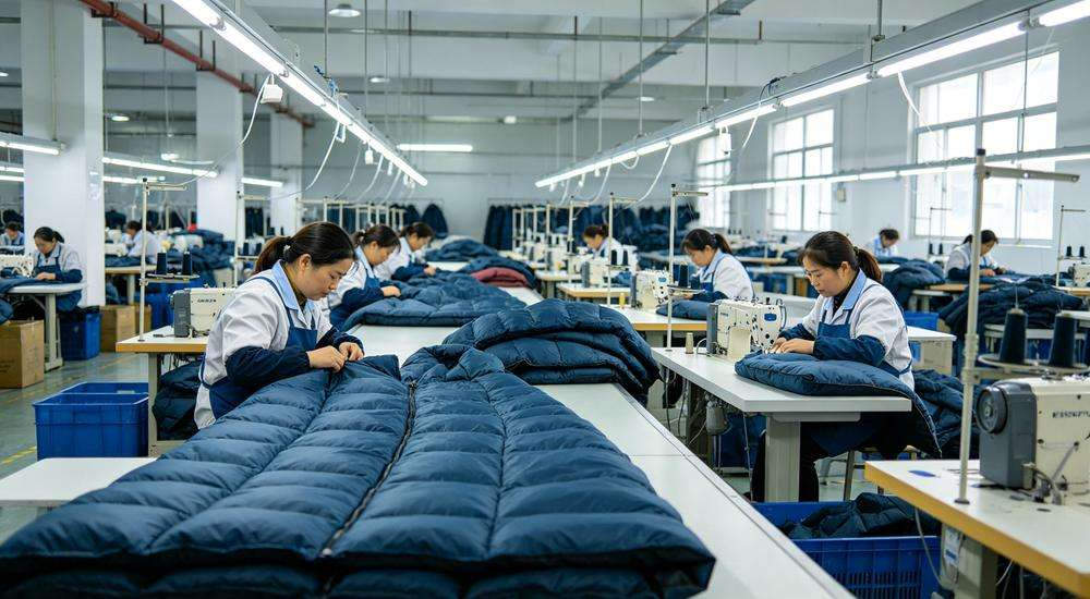 Wide angle view of sleeping bag factory production line workers sewing quality control