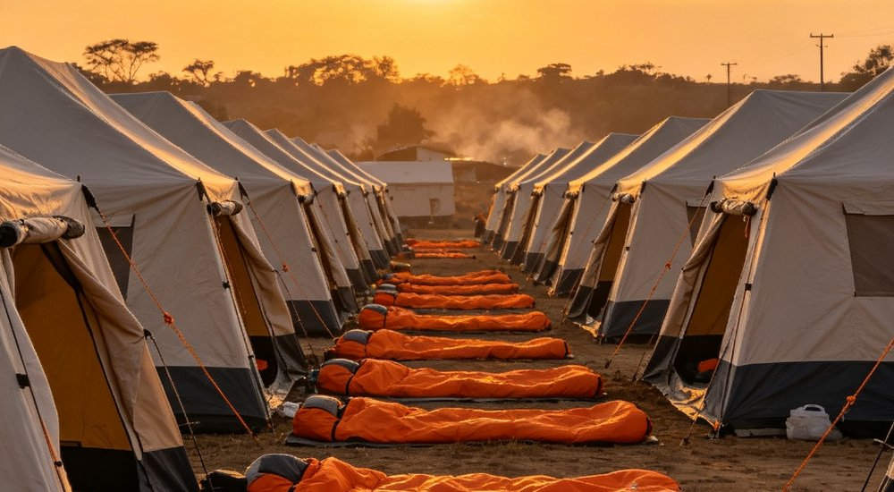 Wide angle sunset view of disaster relief camp with rows of white tents and orange sleeping bags laid out to air dry in humanitarian settlement for displaced people accommodation