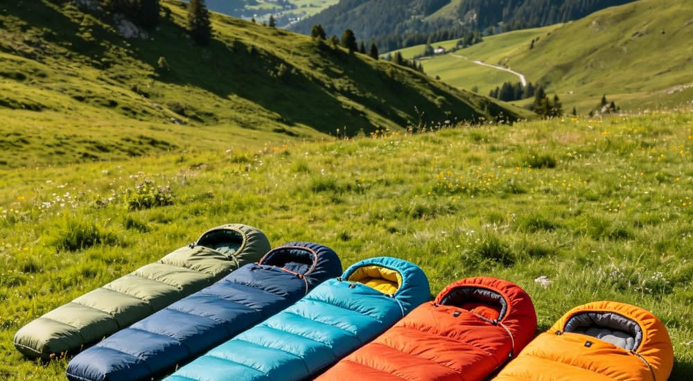Professional studio collection shot of various sleeping bag styles and colors including envelope mummy and rectangular designs professionally arranged for product catalog and buyer reference