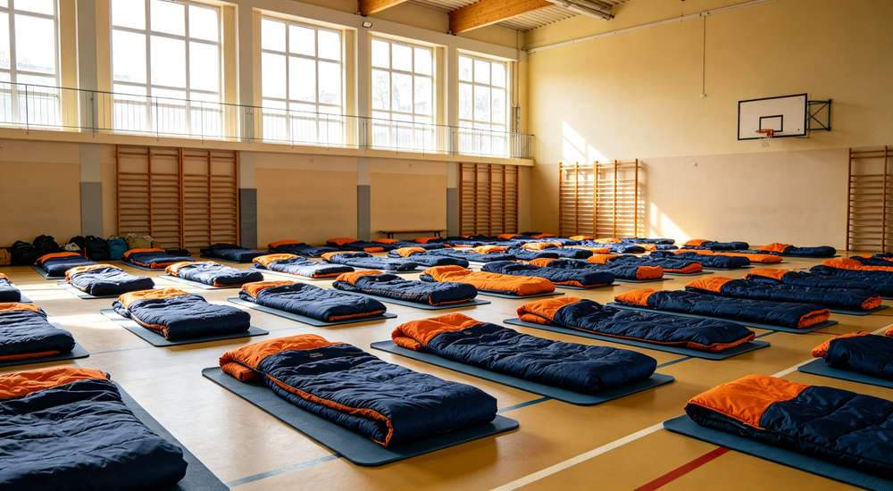 School gymnasium converted to emergency shelter with rows of navy blue and orange sleeping bags neatly arranged on floor mats clean organized humanitarian aid accommodation natural daylight from high windows professional documentary photography wide angle bright hopeful atmosphere