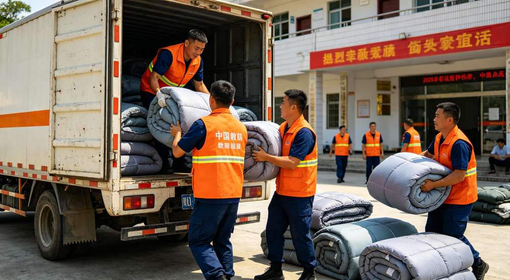 Emergency response and disaster relief scene with Asian Chinese rescue workers in orange vests unloading sleeping bags from supply truck at community center organized humanitarian aid distribution daylight professional documentary photography hopeful atmosphere with orange and navy colors
