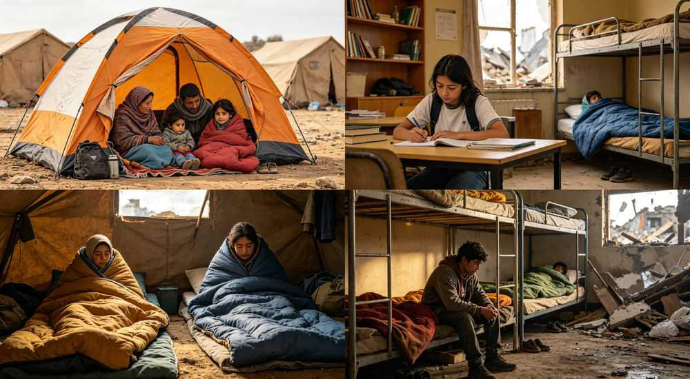 Real photography wide angle interior of large disaster relief sleeping bag emergency shelter tent - rows of disaster relief sleeping bags arranged on floor, emergency sleeping bag deployment, warm sunlight from tent openings