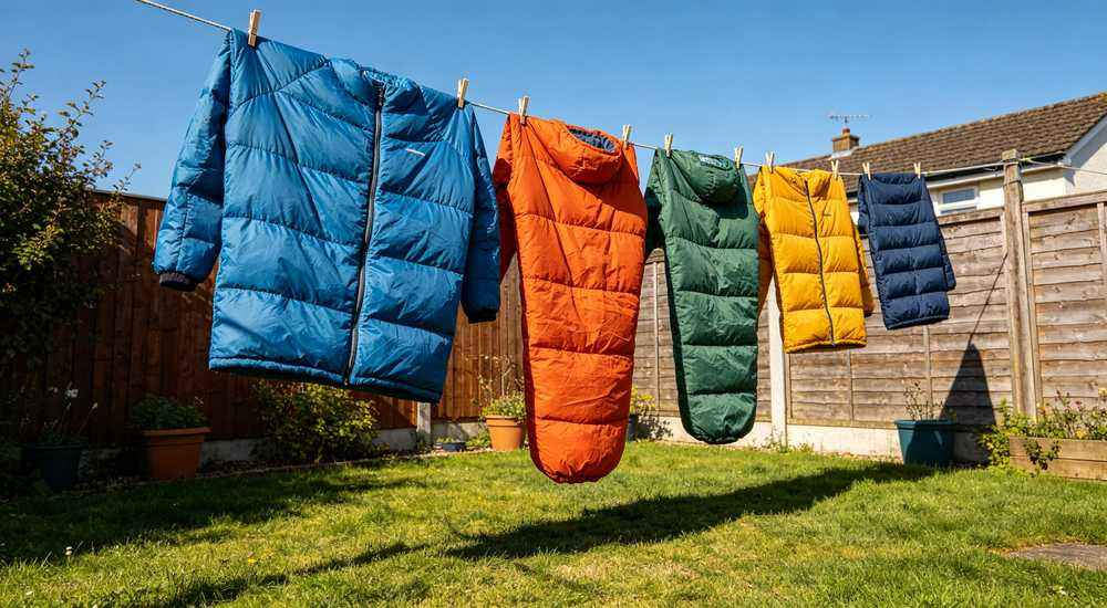 Side by side outdoor comparison - sleeping bag in light drizzle versus heavy rain, water repellent performance test, wholesale sleeping bag quality comparison, green grass background