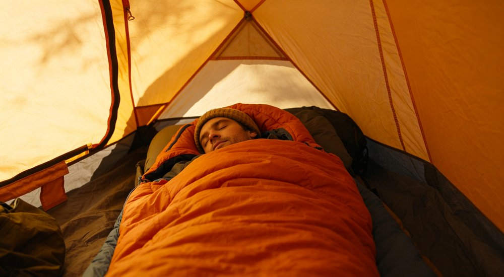 Flat lay on wooden surface - analog thermometer next to green sleeping bag showing temperature rating comparison, OEM sleeping bag specification detail, close up product photography