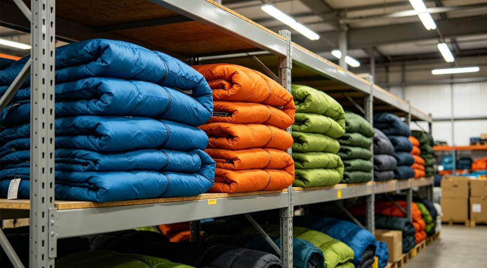 Real photography top view flat lay - two sleeping bags placed horizontally showing different size options for institutional use, bulk sleeping bag sizing comparison, clean background
