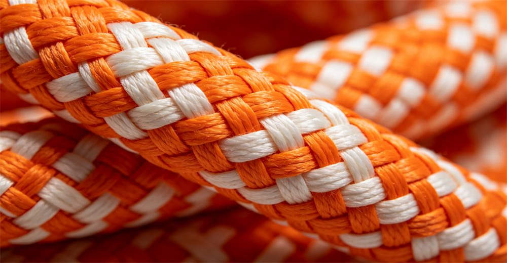 Macro close-up of 32-strand braided weave texture on orange flood rescue rope showing tight uniform over-under pattern for reliable water rescue operations and emergency response
