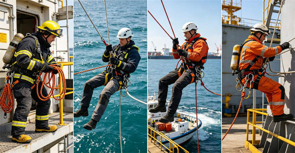 Composite overview infographic showing multi-industry water rescue rope applications across fire, civil defense and NGO sectors as part of the complete water rescue rope product catalog