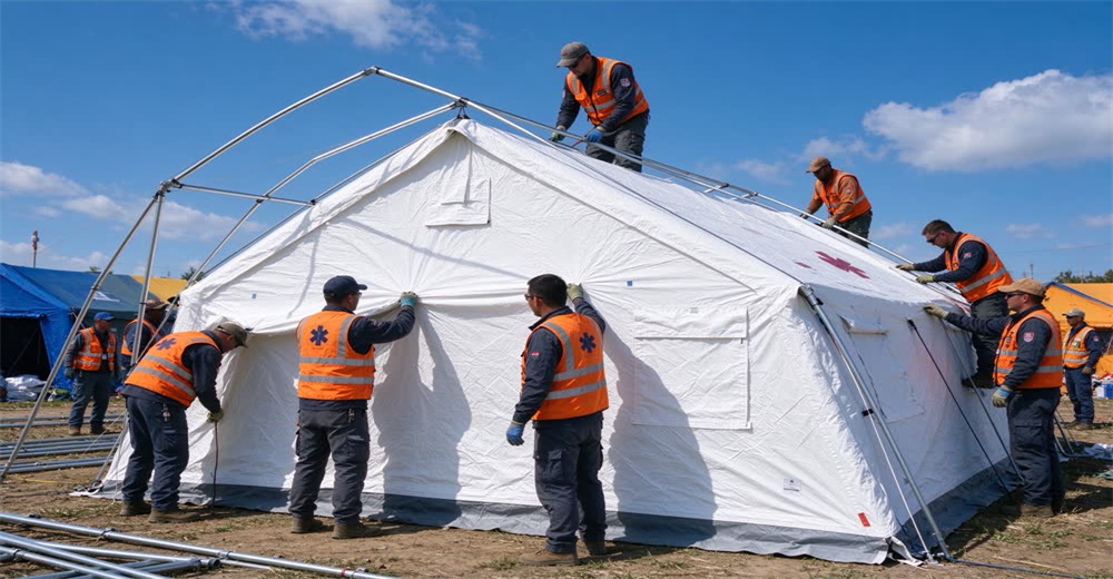 Wide shot of relief workers in orange vests assembling large white family tents at refugee camp during daytime, blue sky with white clouds, showing quick deployment refugee shelter solutions for wholesale buyers