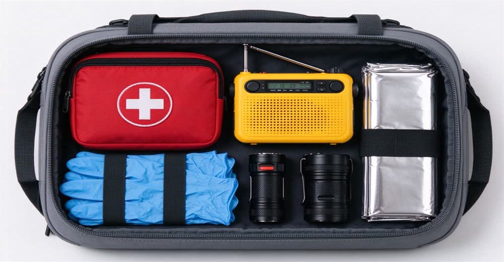 Top-down view of open grey emergency relief kit with high contrast contents including red first aid pouch, yellow hand-crank radio, black flashlight and blue gloves, showing comprehensive refugee emergency kits