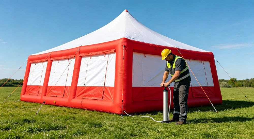 Worker using accessories to set up inflatable tent, green grass, blue sky red and white inflatable emergency shelter for disaster relief operations